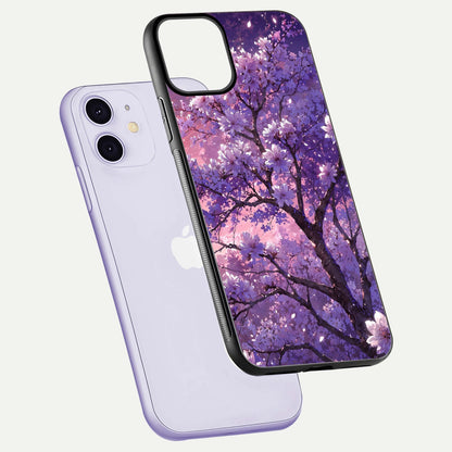 Blossom Tree Glass Case for iPhone 11 floating dual-mockup displaying texture detail and curved edges
