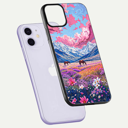 Blossom Valley Dream Glass Case for iPhone 11 floating mockup showing floral valley blend and reflective surface