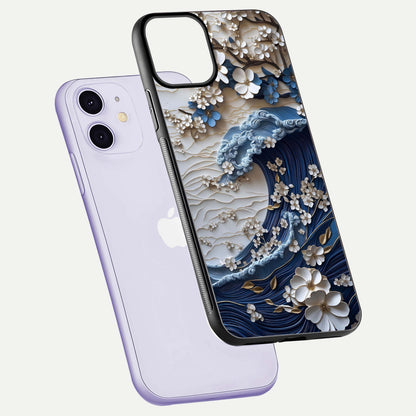 Blossom Wave Art Glass Case for iPhone 11 floating mockup displaying pattern details and reflective shine