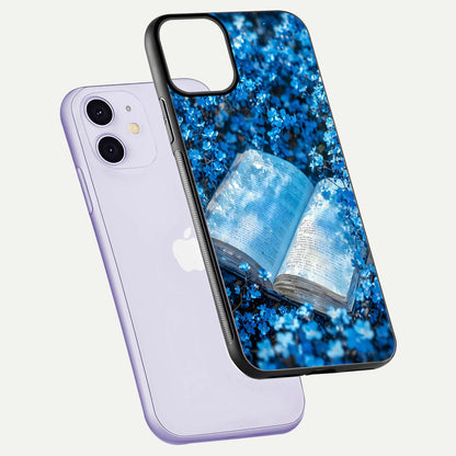 Blue Bloom Tales Glass Case for iPhone 11 floating mockup showing detailed bloom and reflective surface