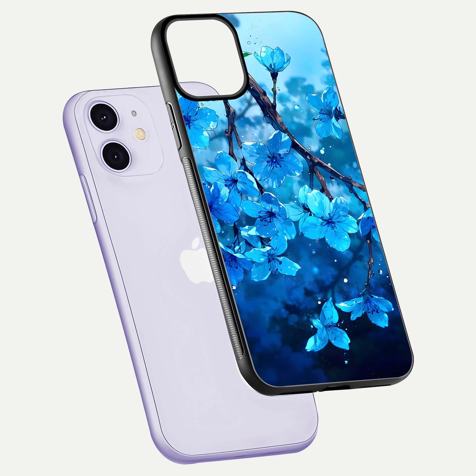 Blue Blossoms Branch Glass Case for iPhone 11 floating mockup showing shine, curved edges, and branch detailing