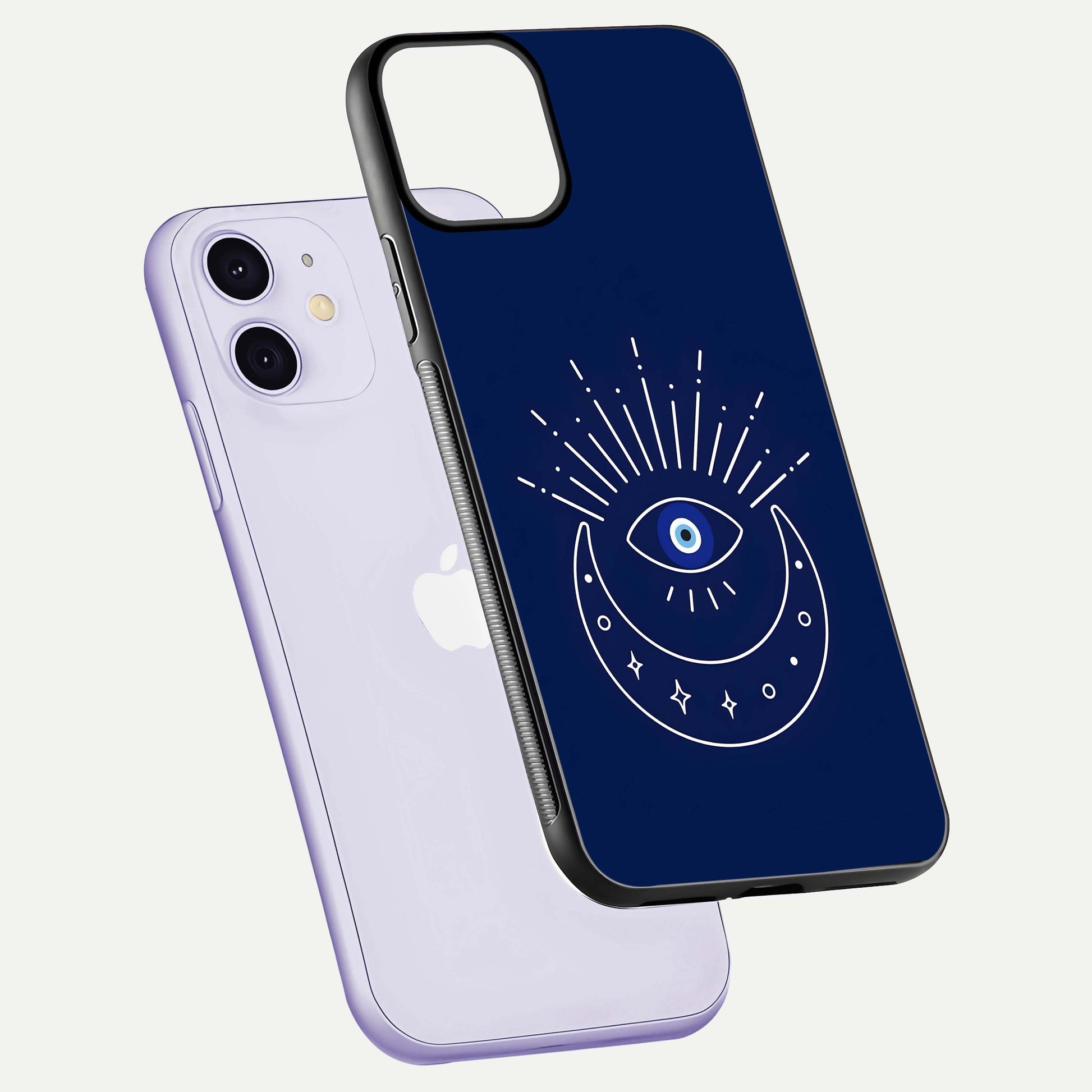Blue Evil Eye Glass Case for iPhone 11 floating mockup displaying glossy protection and spiritual artwork