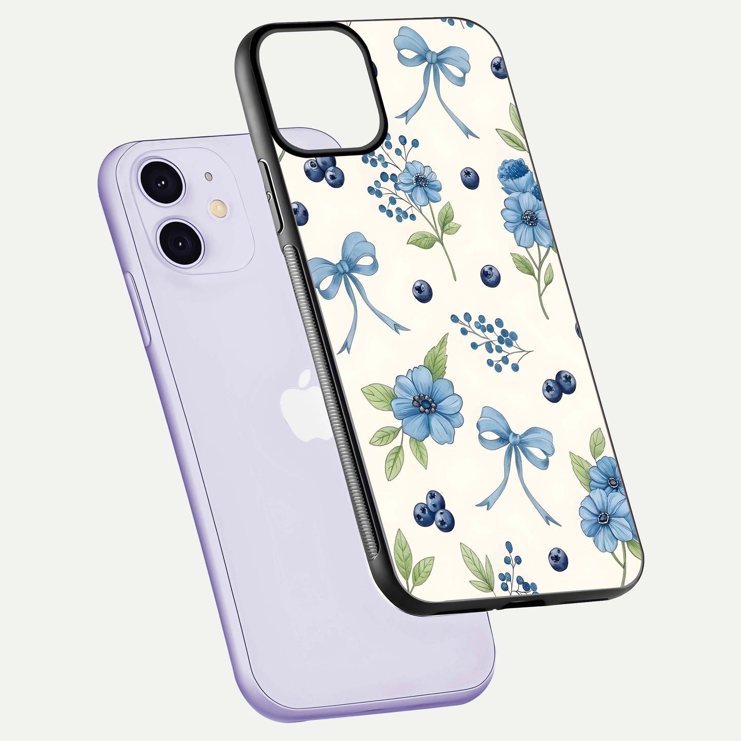 Blue Flower & Bow Glass Case for iPhone 11 floating mockup capturing gloss reflection and girly aesthetic