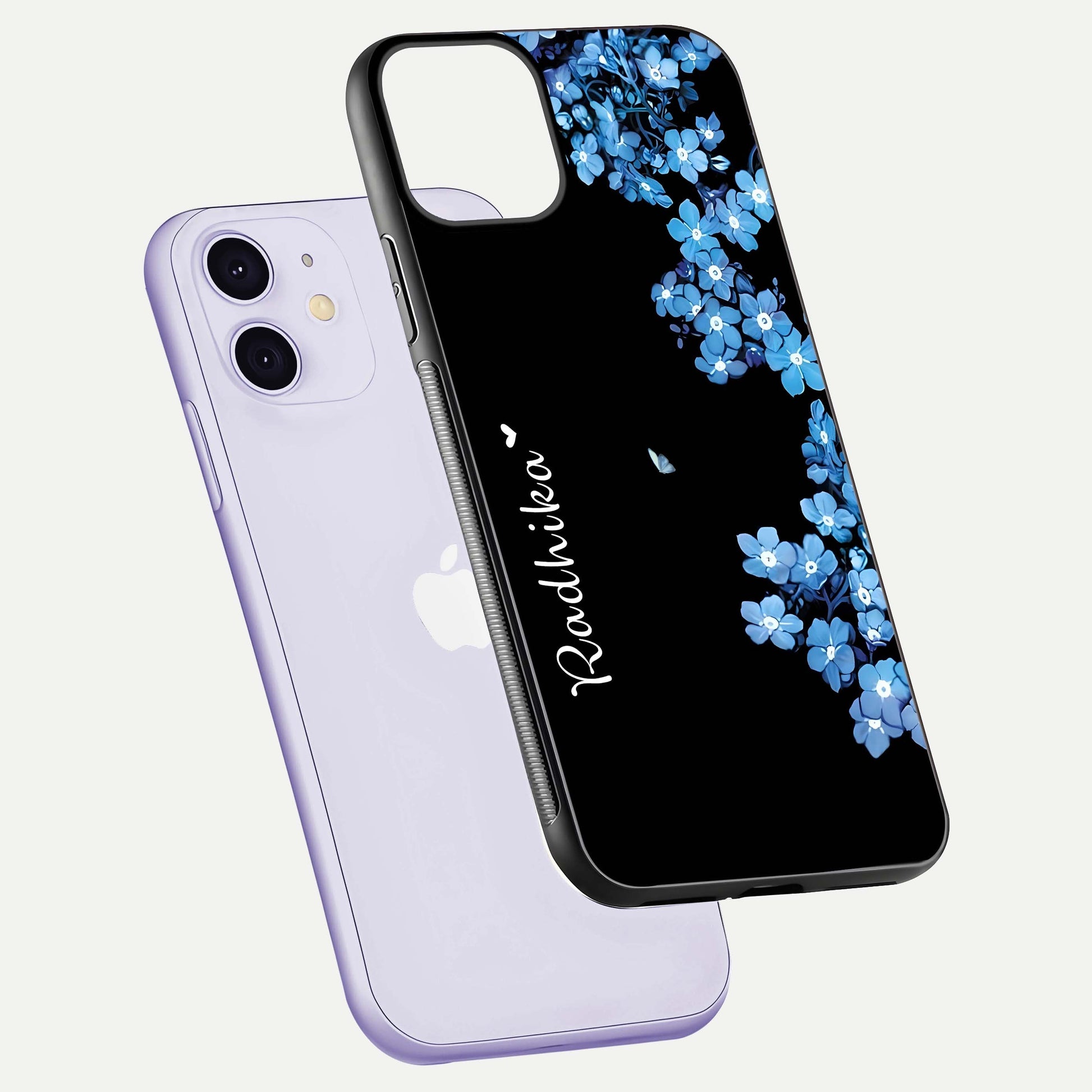 Blue Petal Dream Custom Name Glass Case for iPhone 11 floating mockup capturing floral tones and glass shine