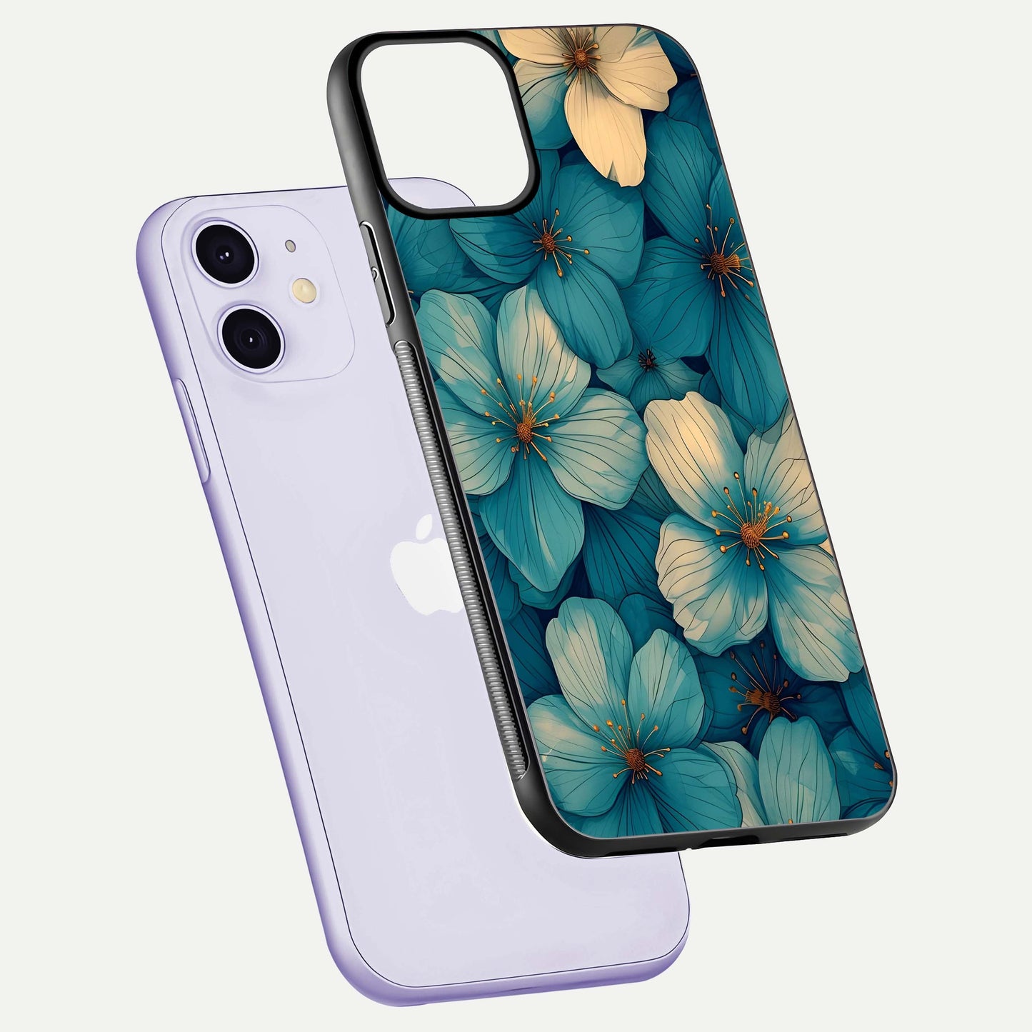 Blue Shade Floral Glass Case for iPhone 11 floating mockup revealing gloss highlight and floral depth
