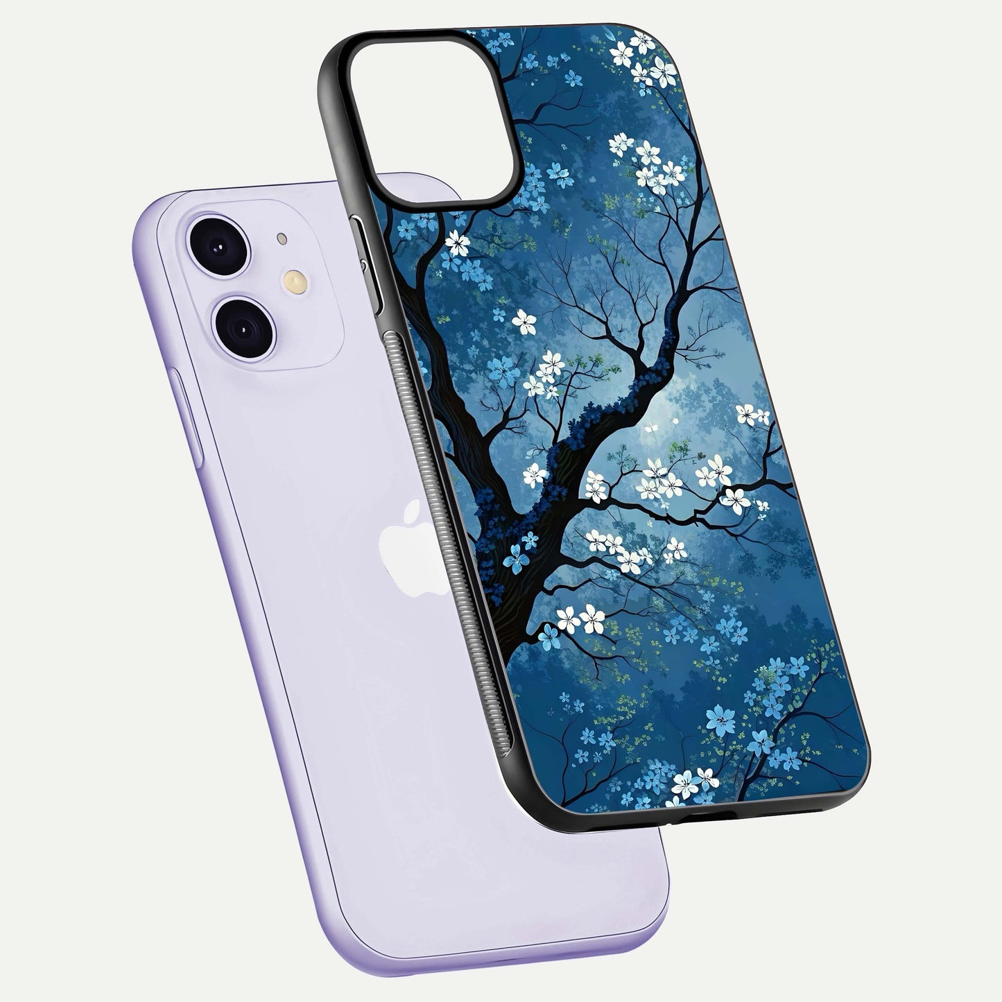 Blue Tree Serenity Glass Case for iPhone 11 floating mockup displaying serene tones and HD glass polish