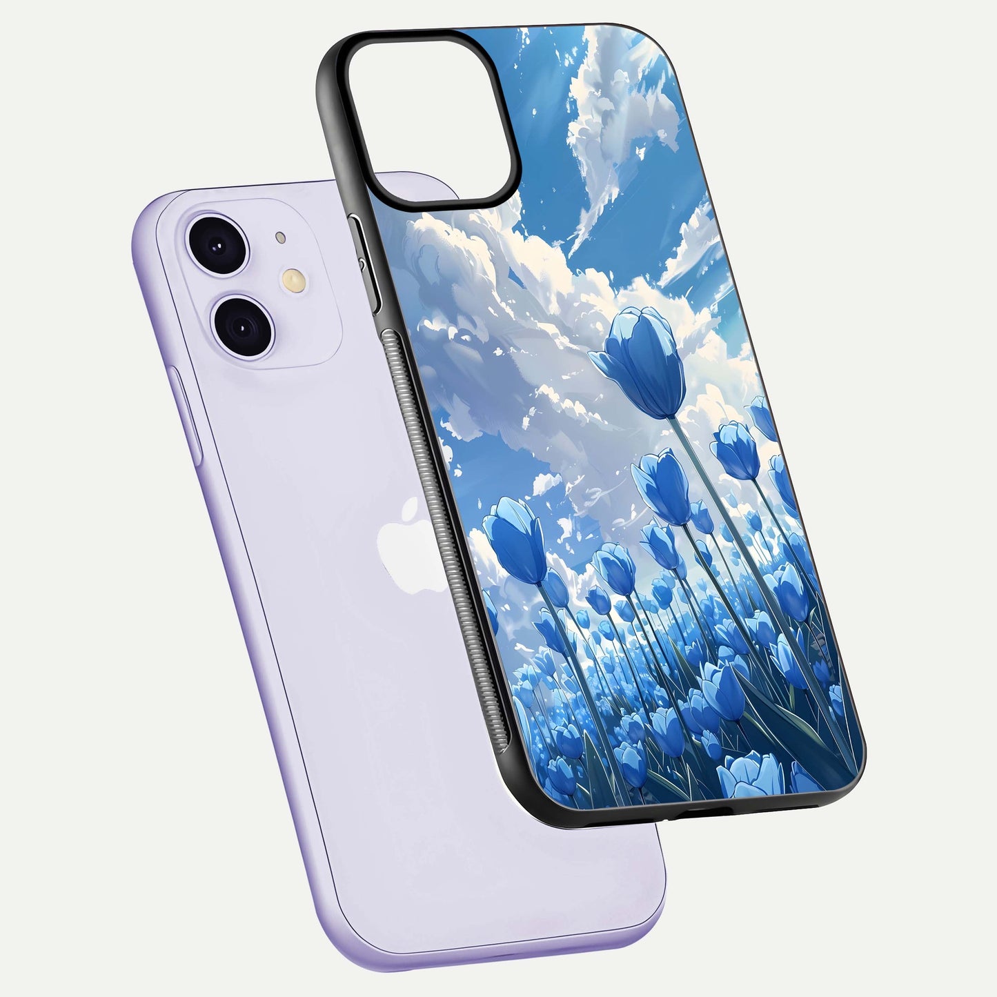 Blue Tulip Clouds Glass Case for iPhone 11 floating mockup displaying tulip-cloud fusion art and smooth glass gloss