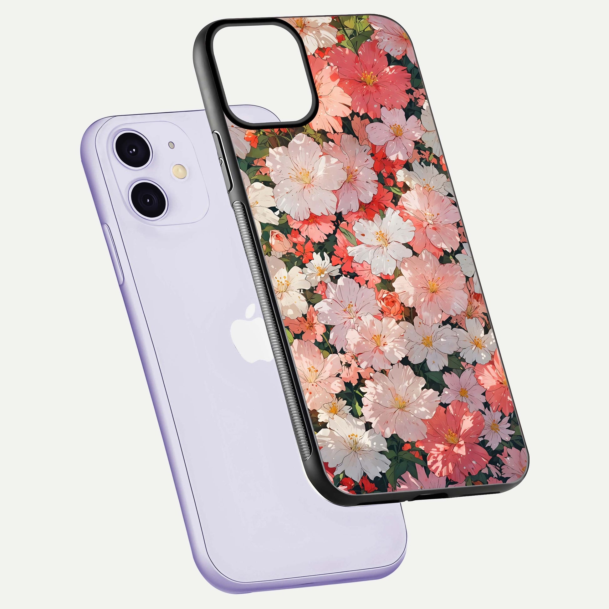 Blush Bloom Field Glass Case for iPhone 11 floating mockup highlighting floral spread and edge reflection