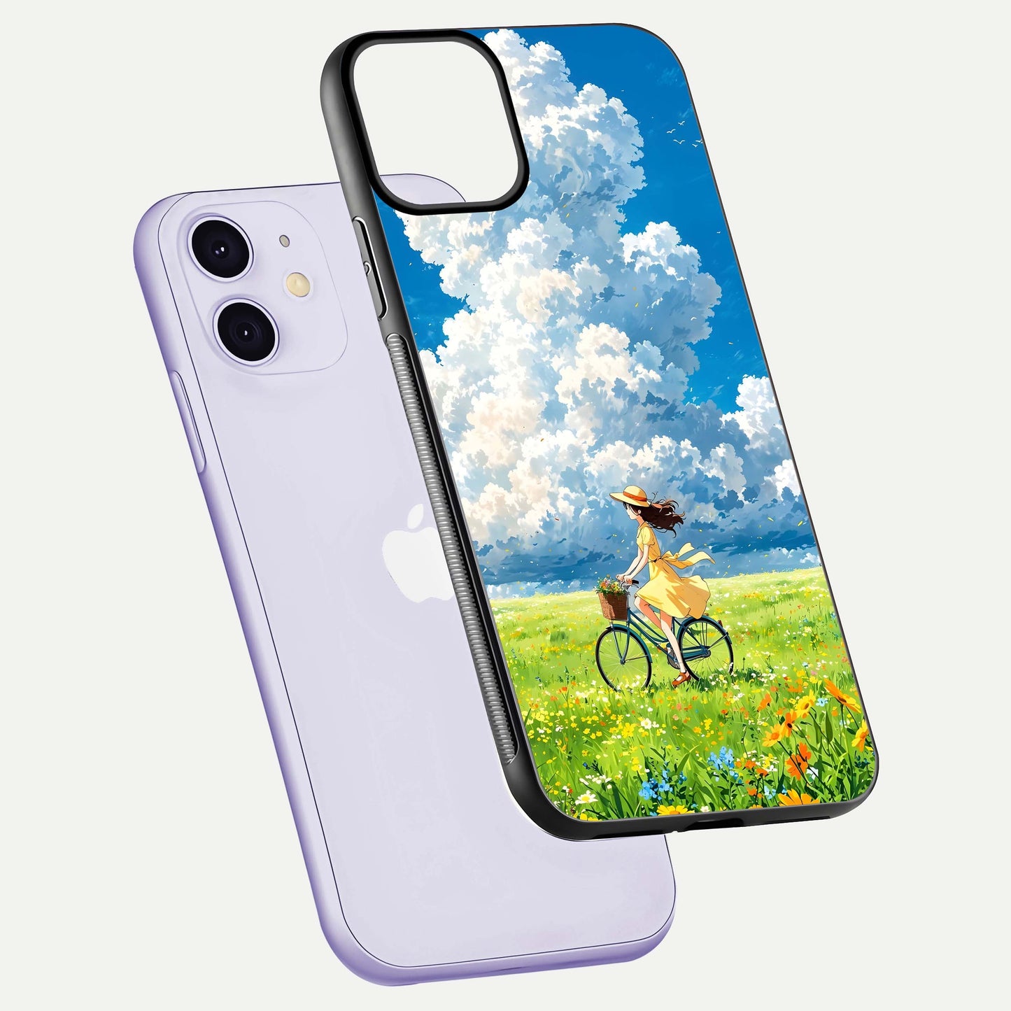 Breezy Meadow Ride Glass Case for iPhone 11 floating mockup capturing serene tones and smooth finish