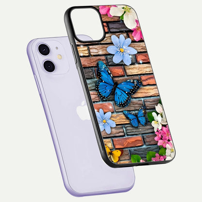 Brick Bloom Flight Glass Case for iPhone 11 floating mockup displaying gloss reflection and pattern vibrancy