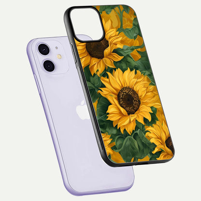 Bright Sunflower Bloom Glass Case for iPhone 11 floating mockup capturing vibrant tones and gloss surface