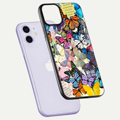 Butterflies Petal Dream Glass Case for iPhone 11 floating mockup displaying detailed print and premium glass glow