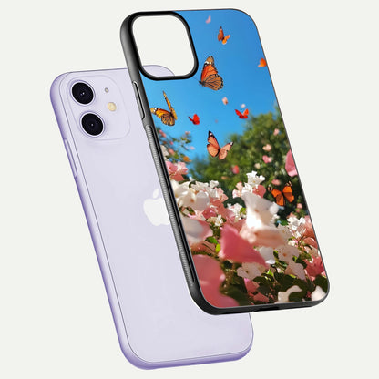 Butterflies in Bloom Sky Glass Case for iPhone 11 floating mockup capturing butterfly motion and edge design