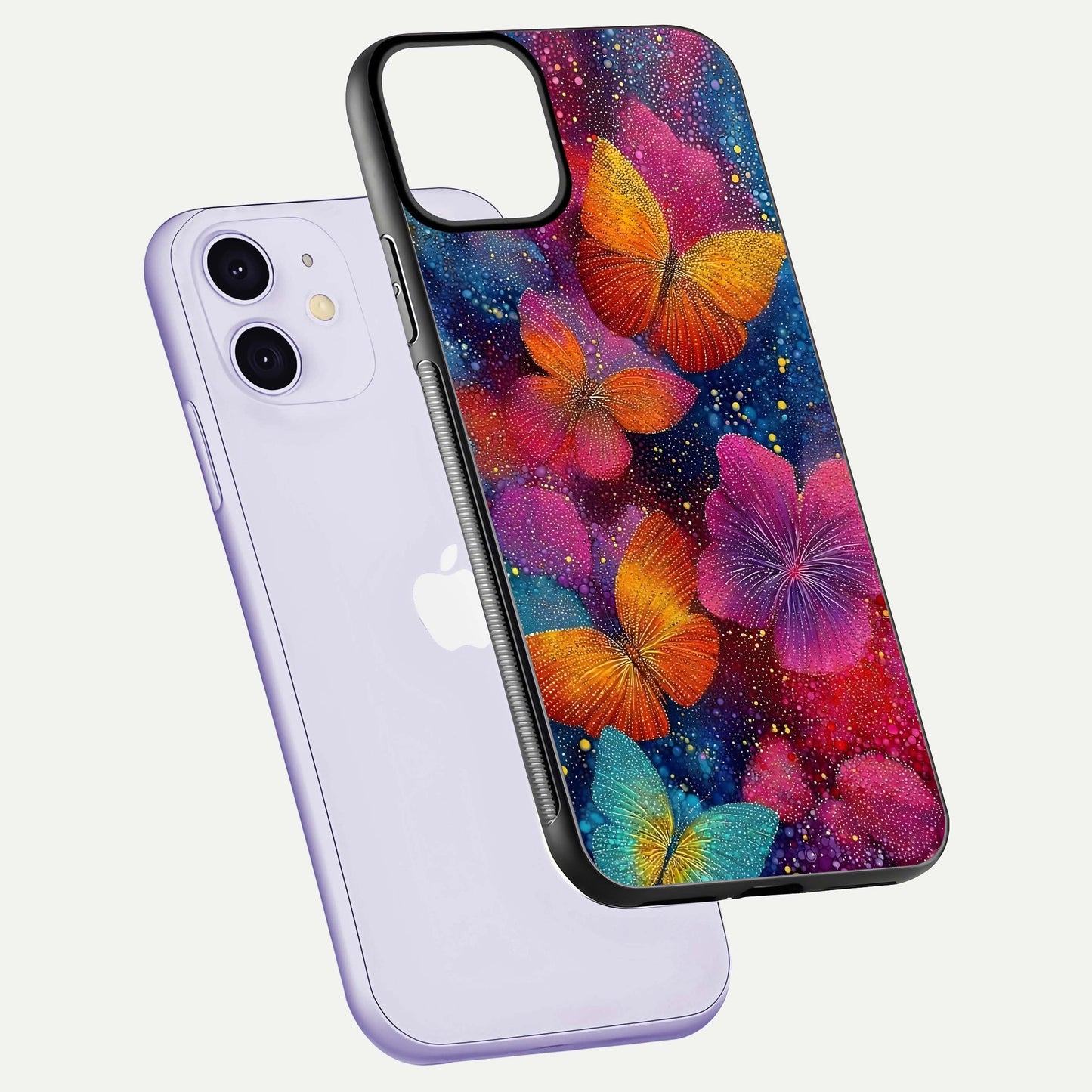 Butterfly Dream Mist Glass Case for iPhone 11 floating mockup displaying glass shine and ethereal art depth