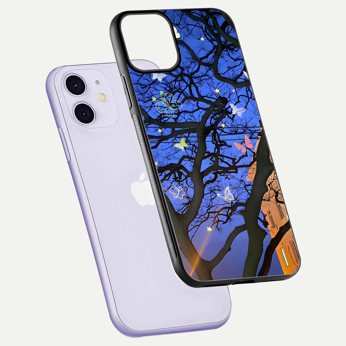 Butterfly Night Magic Glass Case for iPhone 11 floating mockup showing night glow and smooth polish
