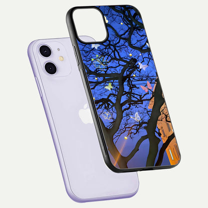 Butterfly Night Magic Glass Case for iPhone 11 floating mockup showing night glow and smooth polish