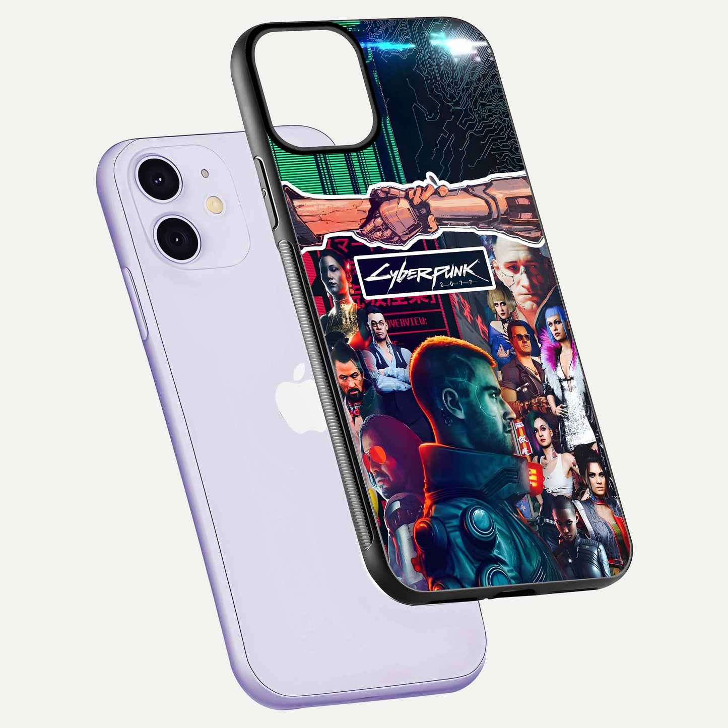 CYBERPUNK Legacy Glass Case for iPhone 11 floating mockup showing HD gloss and neon glow detail