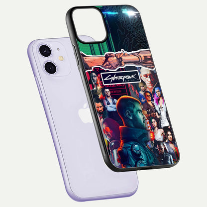CYBERPUNK Legacy Glass Case for iPhone 11 floating mockup showing HD gloss and neon glow detail