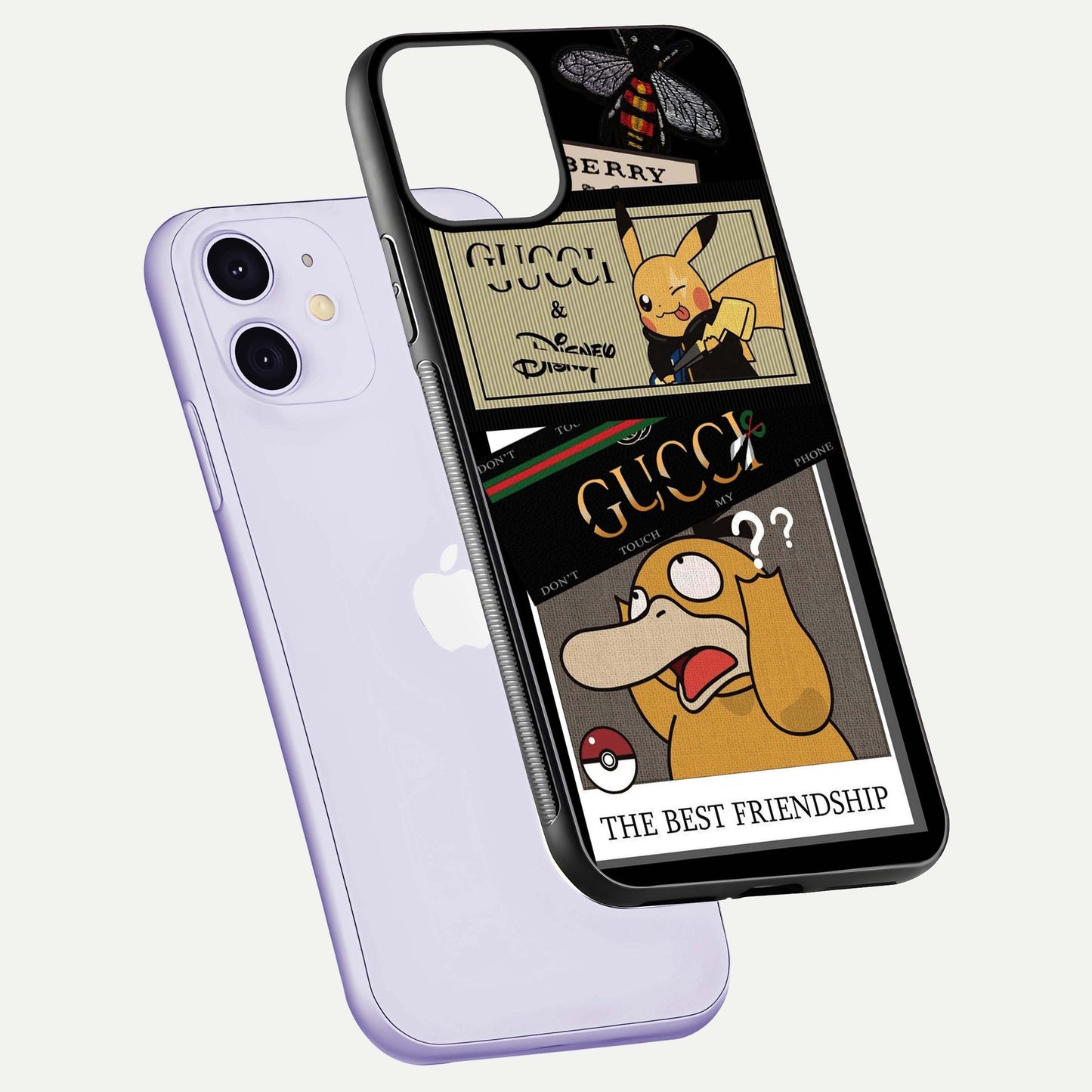 Cartoon Brand Play Mashup Glass Case for iPhone 11 floating dual-view mockup showing gloss surface and vivid reflection