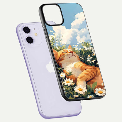 Cat & Flowers View Glass Case for iPhone 11 floating mockup showing design reflection and protective edges