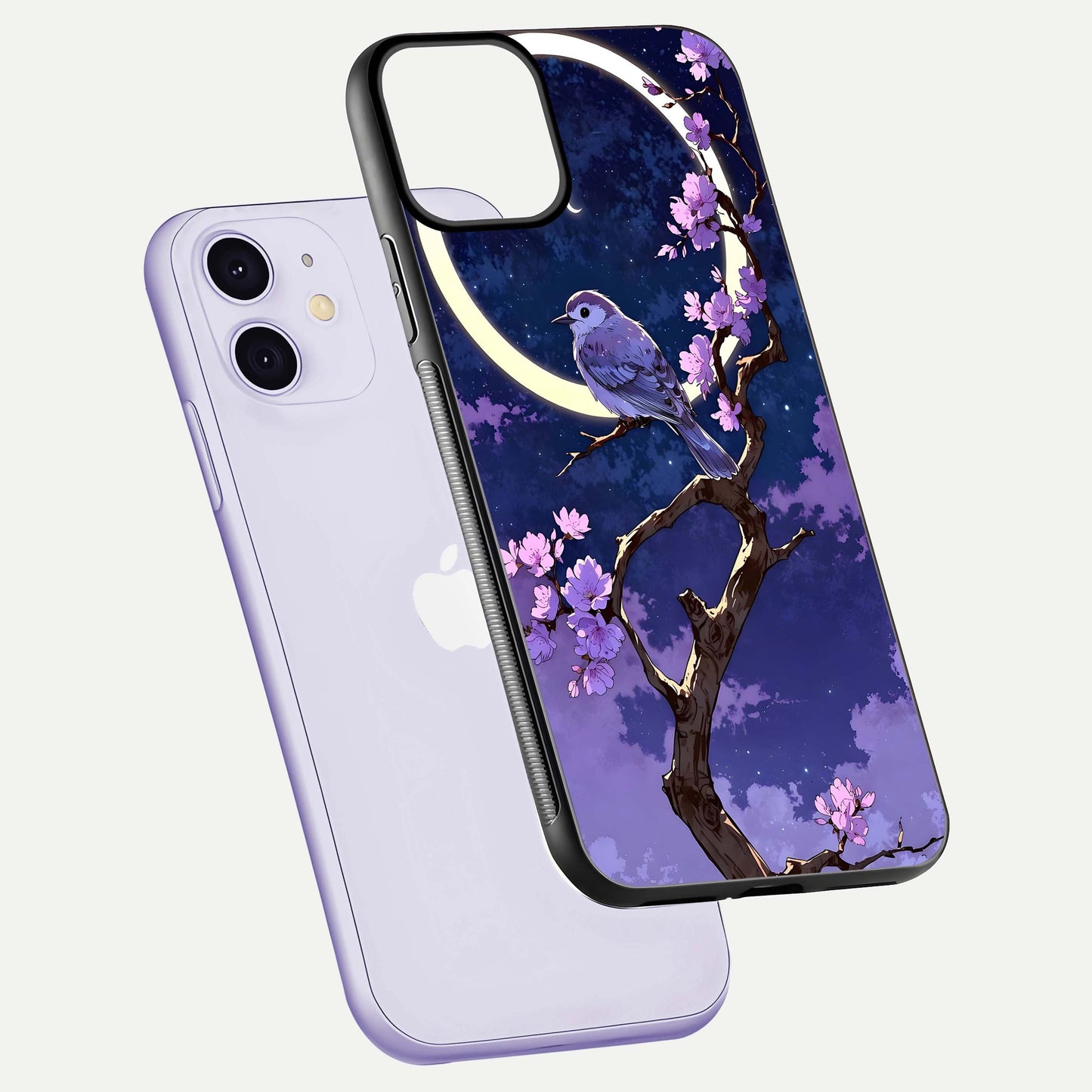 Celestial Bird Blossom Glass Case for iPhone 11 floating mockup showing cosmic floral tones and HD gloss