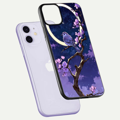 Celestial Bird Blossom Glass Case for iPhone 11 floating mockup showing cosmic floral tones and HD gloss