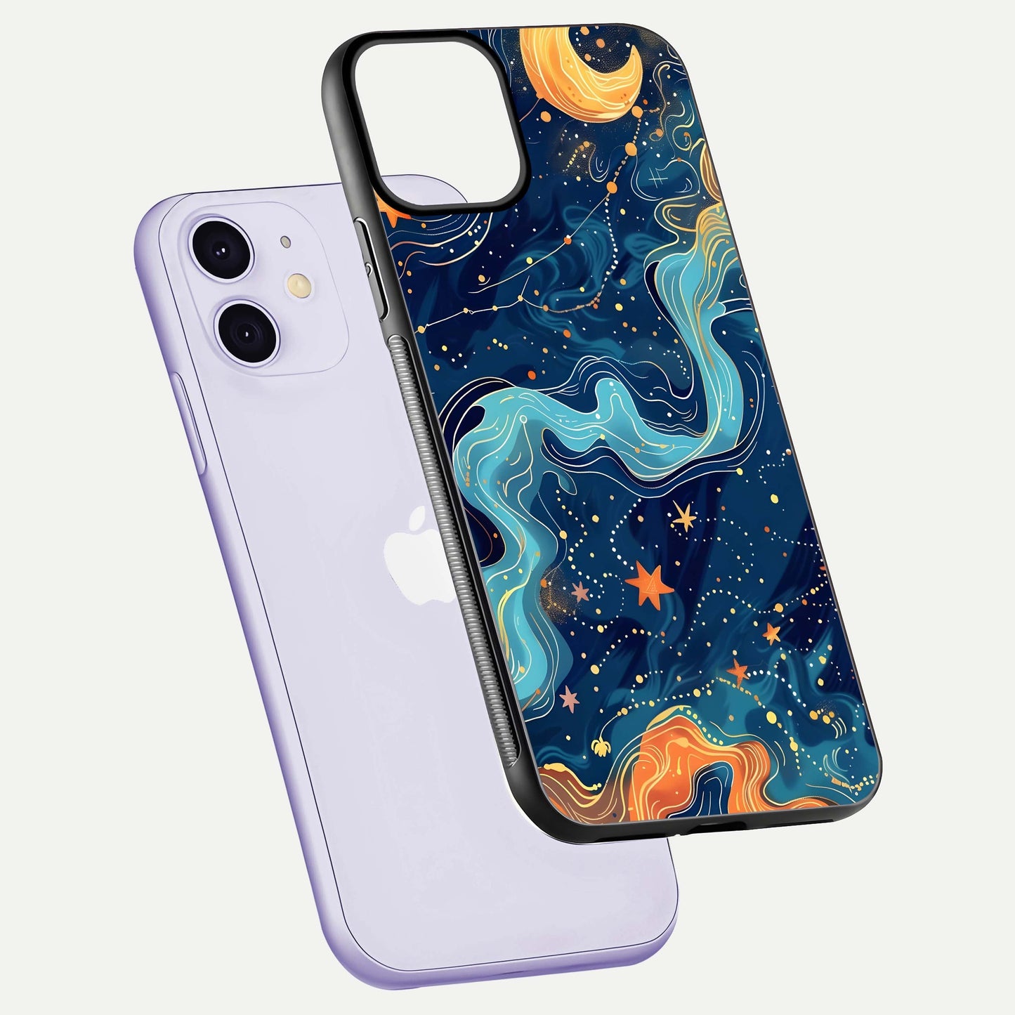 Celestial Dream Flow Glass Case for iPhone 11 floating mockup displaying gloss shimmer and artistic composition