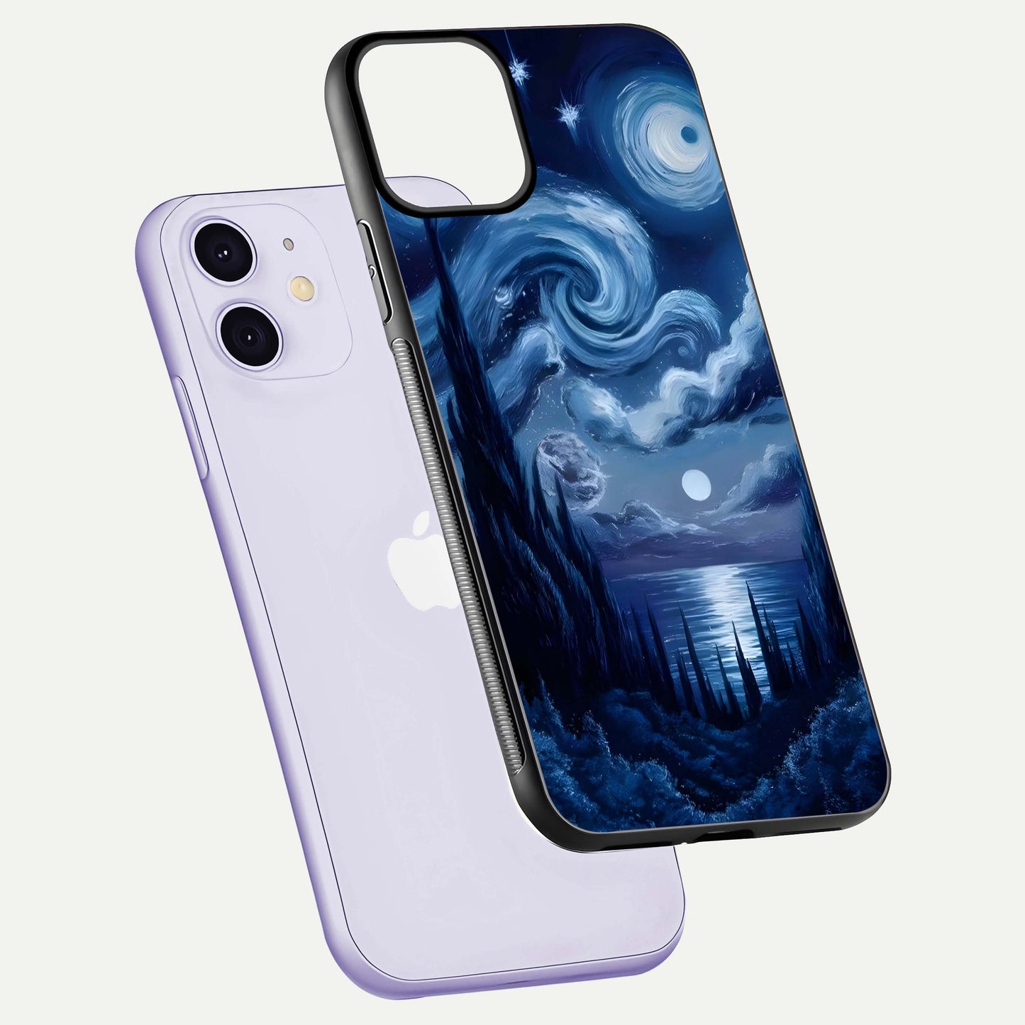 Celestial Dream Van Gogh Glass Case for iPhone 11 floating mockup highlighting cosmic tones and smooth gloss
