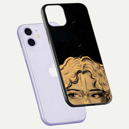 Celestial God’s Plan Glass Case for iPhone 11 floating dual-view mockup displaying gloss surface and vivid print