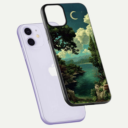 Celestial Lake Peace Glass Case for iPhone 11 floating mockup capturing calm tones and smooth polish