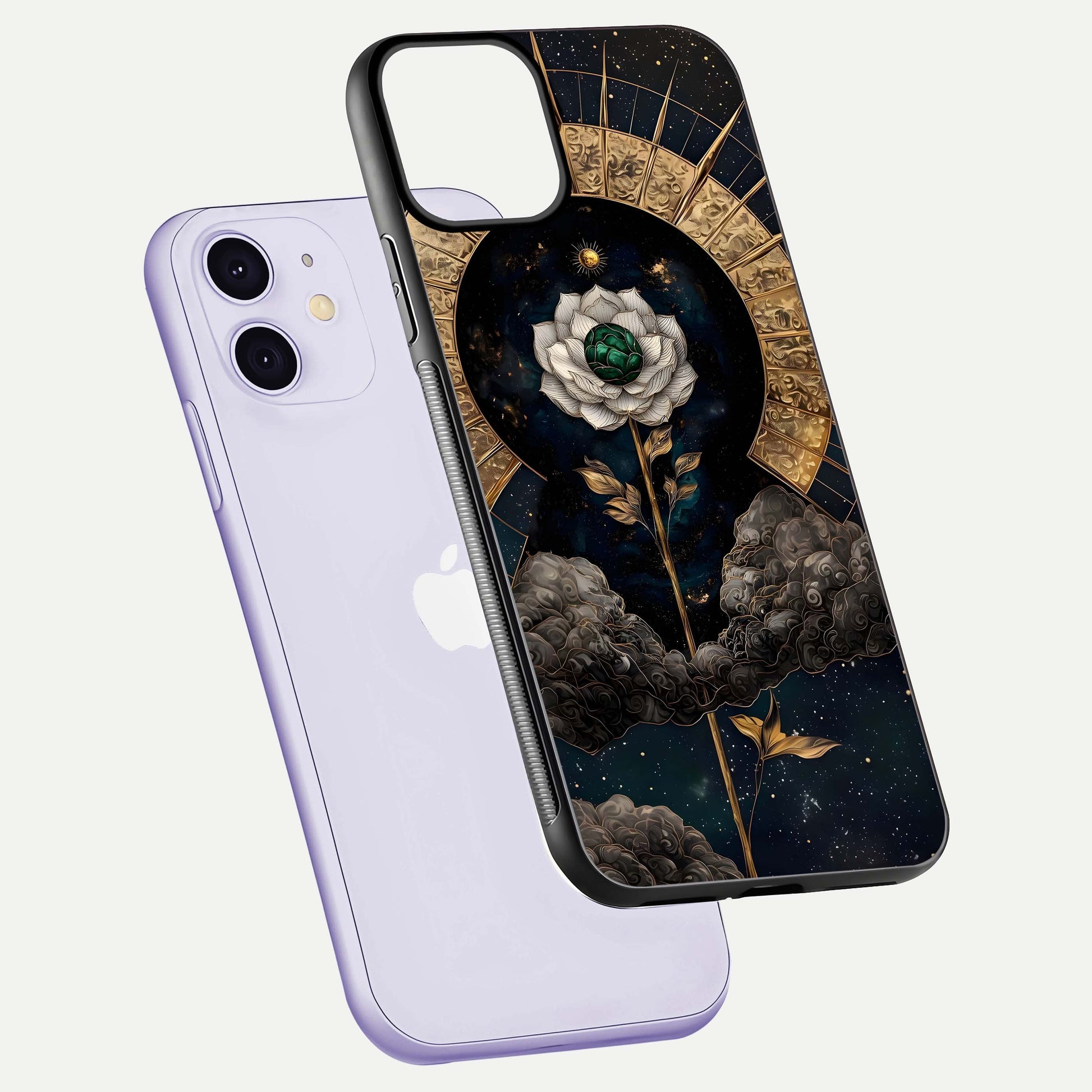 Celestial Lotus Morang Glass Case for iPhone 11 floating mockup showing gloss depth and cosmic lotus glow