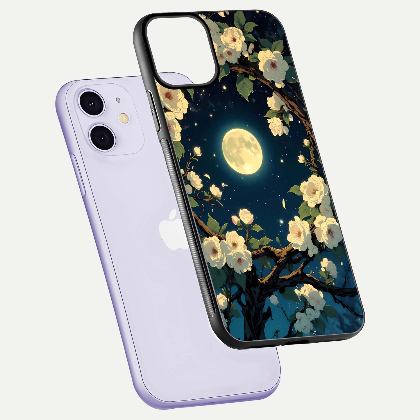 Celestial Moon & Flower Glass Case for iPhone 11 floating mockup emphasizing HD shine and delicate texture