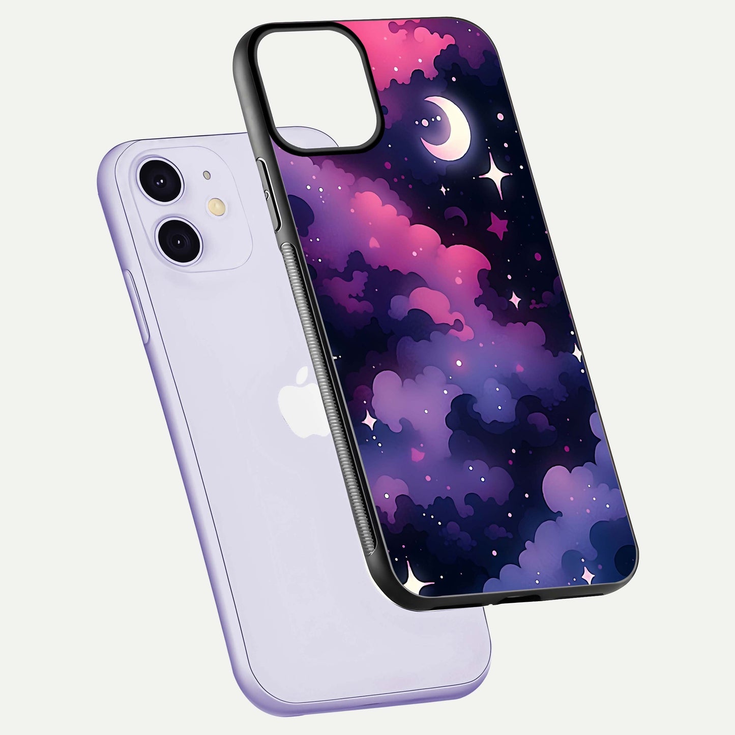 Celestial Moon Magic Glass Case for iPhone 11 floating mockup showing reflection gradient and smooth polish