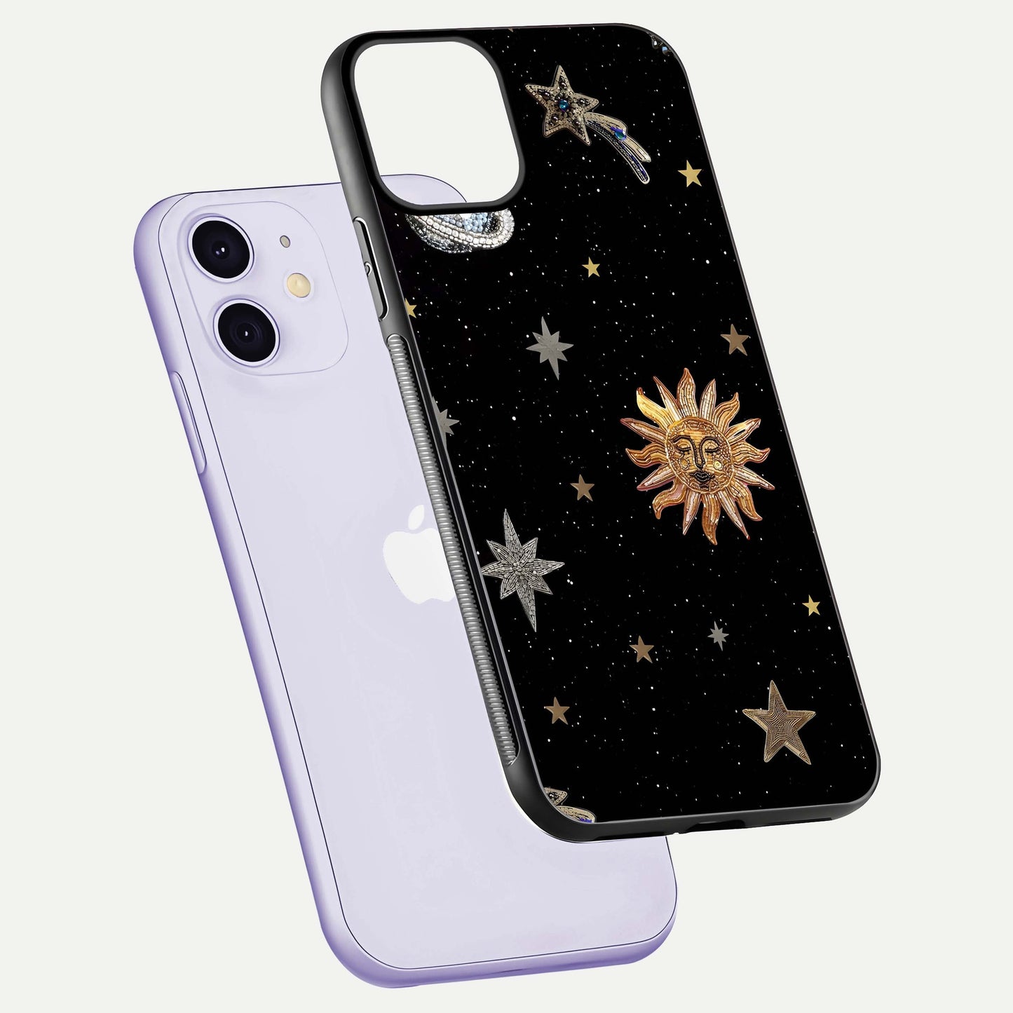 Celestial Moon With Stars Glass Case for iPhone 11 floating mockup emphasizing star depth and gloss clarity
