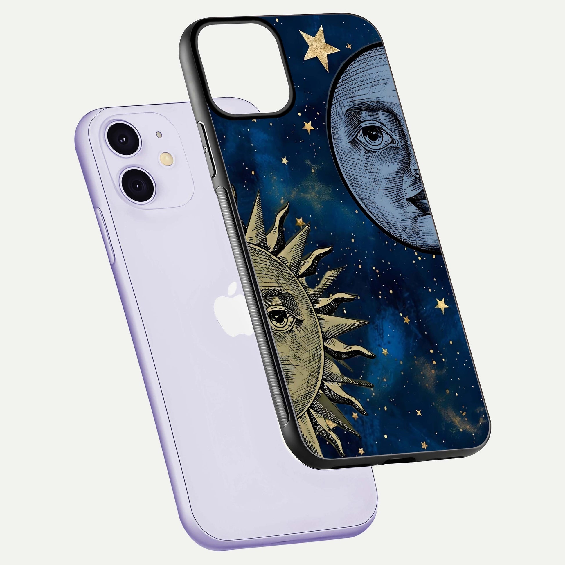 Celestial Moon With Sun Glass Case for iPhone 11 floating mockup displaying vibrant contrast and HD gloss