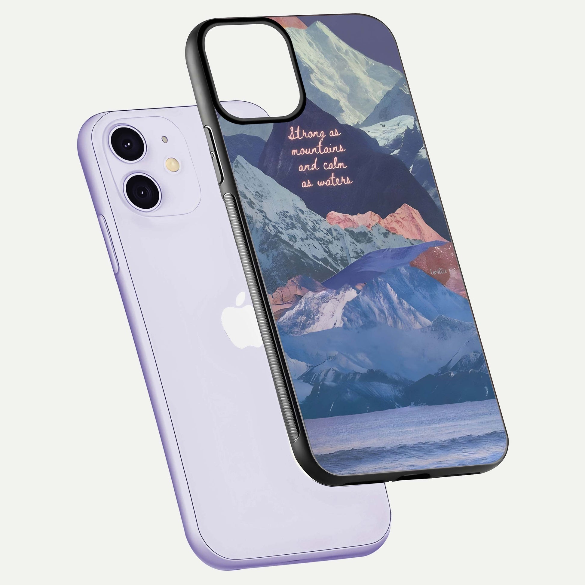 Celestial Mountain Calm Glass Case for iPhone 11 floating mockup showing glow depth and polished edges