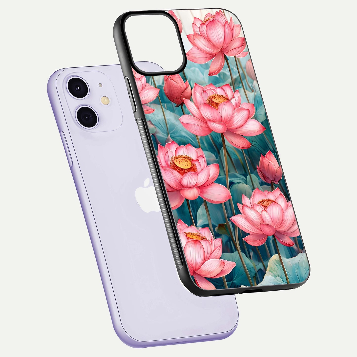 Celestial Pink Lotus Glass Case for iPhone 11 floating mockup displaying cosmic tone and gloss surface