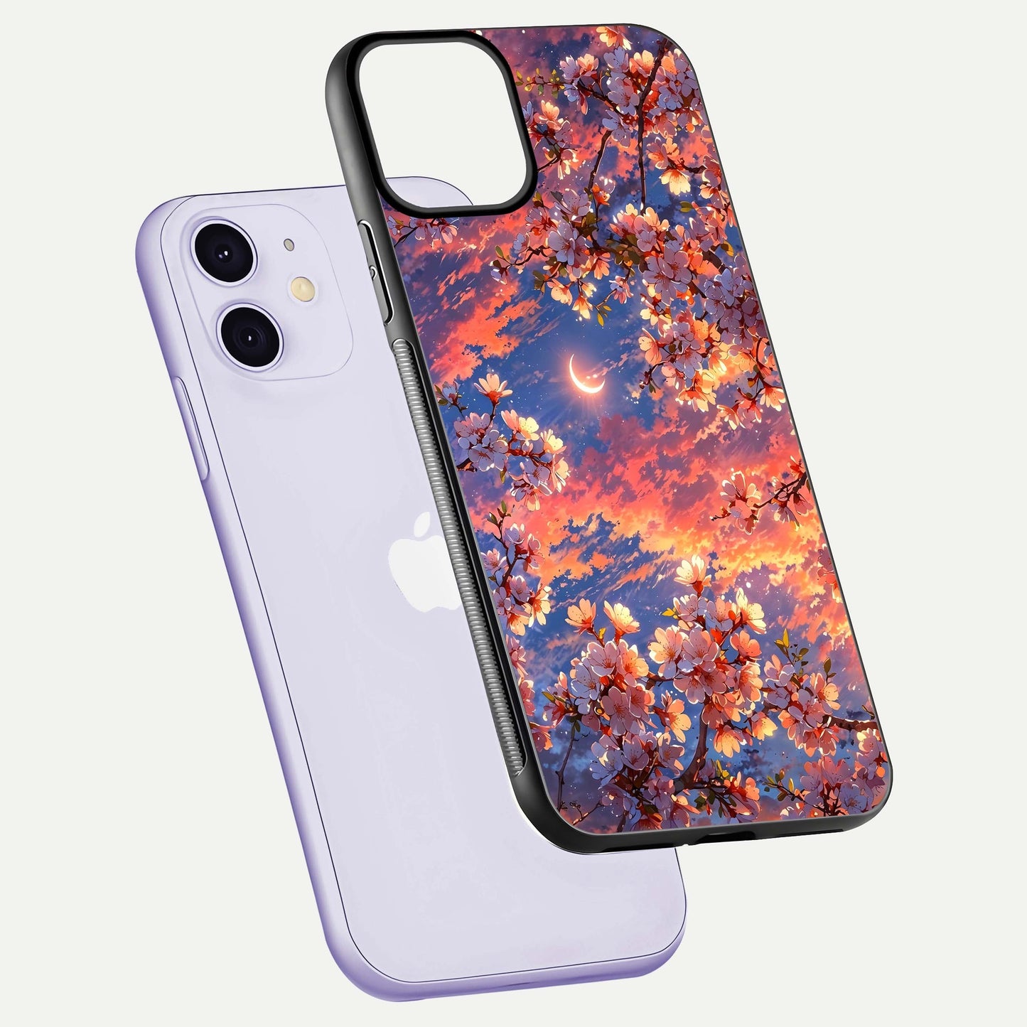 Celestial Sakura Sunset Glass Case for iPhone 11 floating mockup capturing sunset hue and smooth gloss