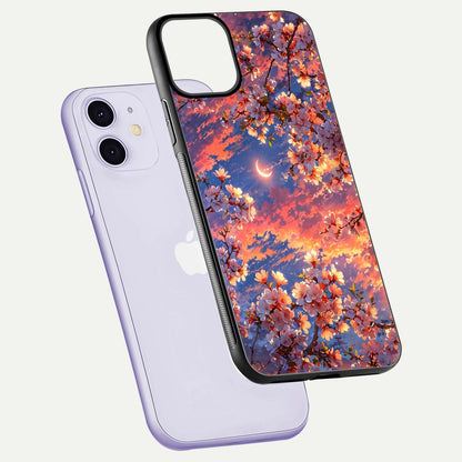 Celestial Sakura Sunset Glass Case for iPhone 11 floating mockup capturing sunset hue and smooth gloss