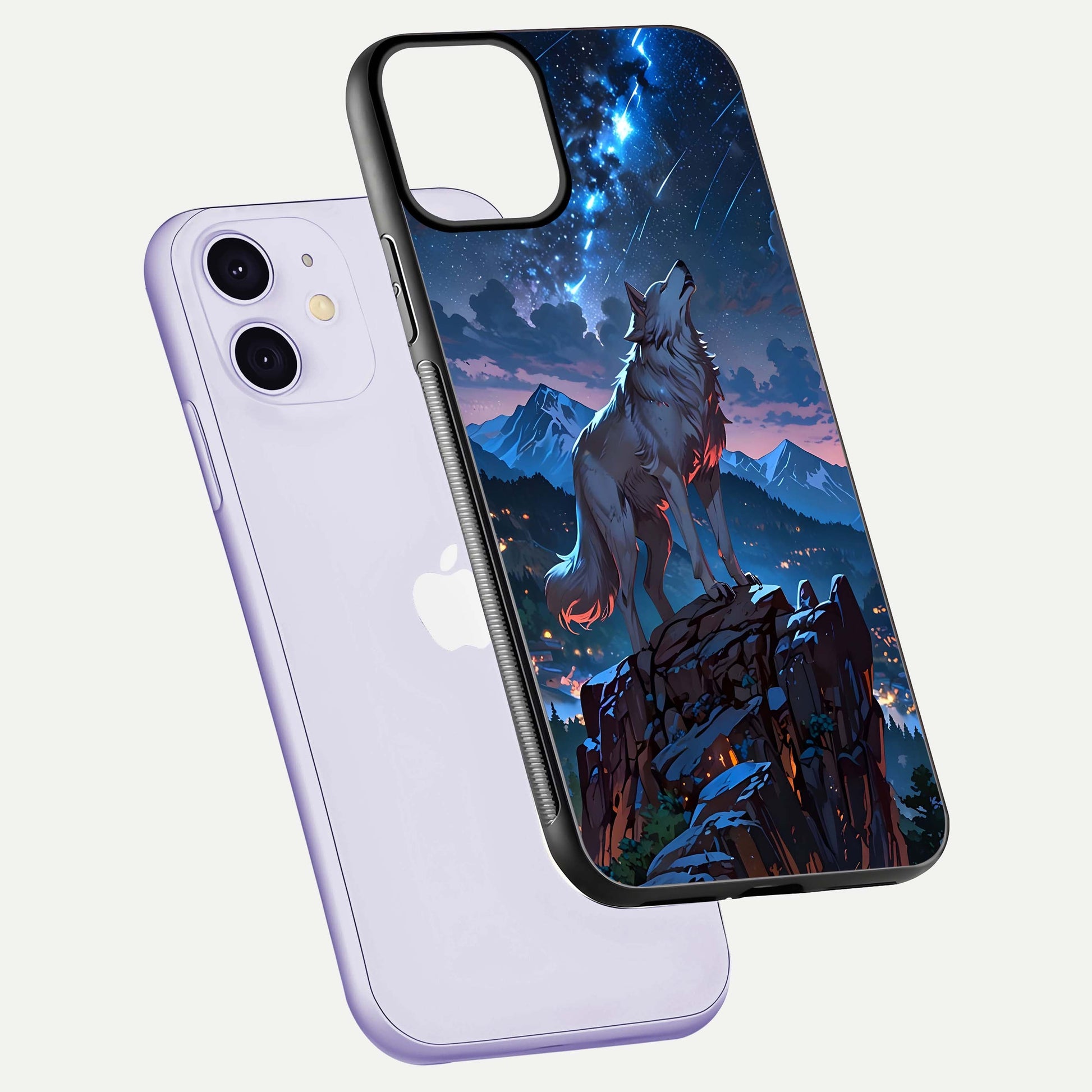 Celestial Wolf Howl Glass Case for iPhone 11 floating mockup capturing reflection depth and silver gloss