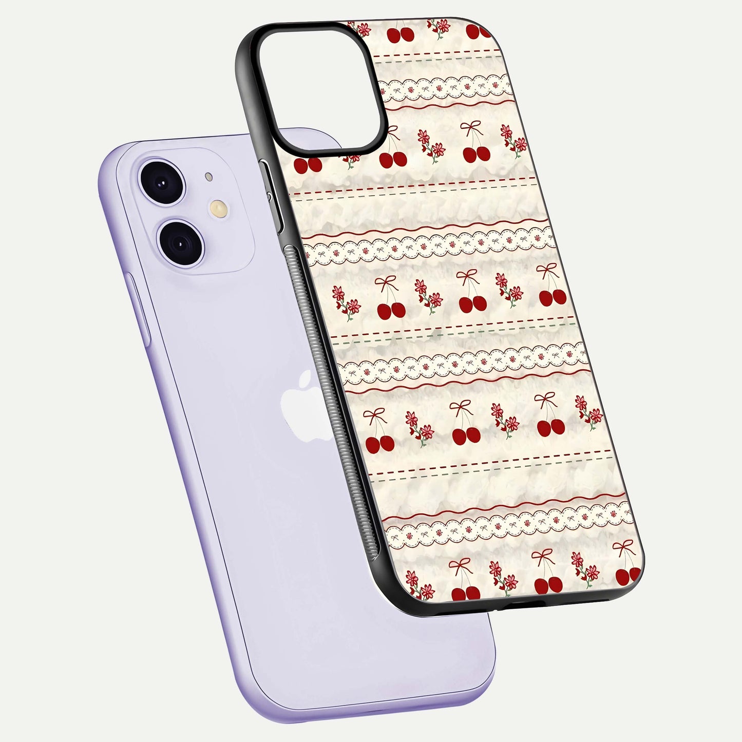Cherry Bloom Charm Glass Case for iPhone 11 floating mockup showing bloom texture and polished gloss