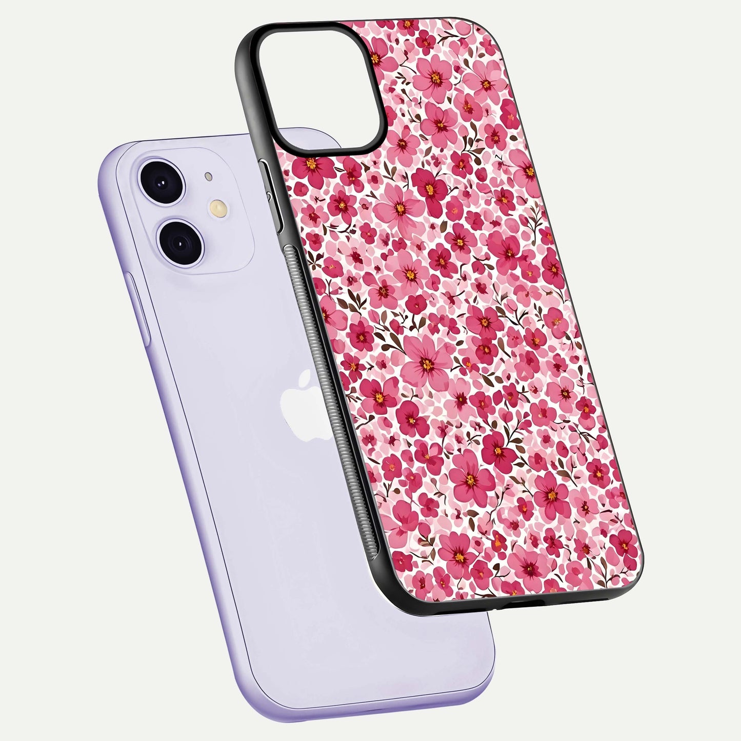 Cherry Blossom Charm Glass Case for iPhone 11 floating mockup displaying pink tone flow and polished edges