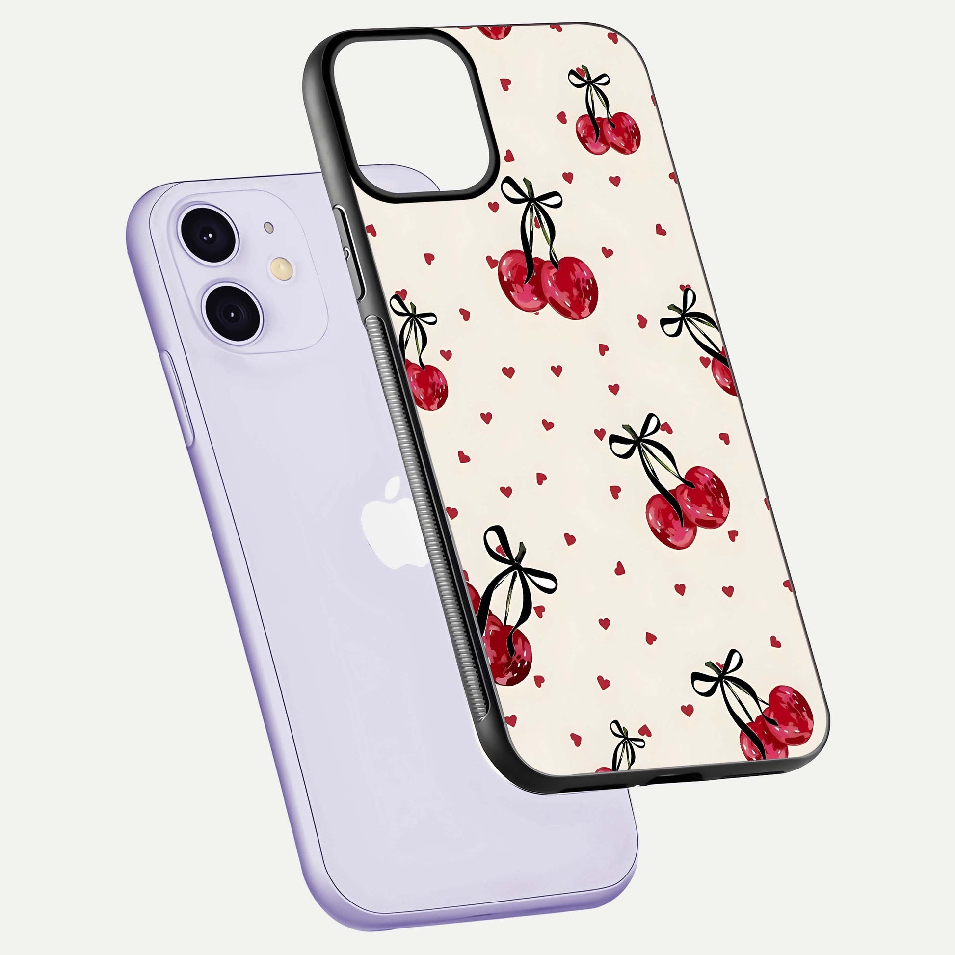 Cherry Heart Bow Glass Case for iPhone 11 floating mockup showing reflection and HD print detail