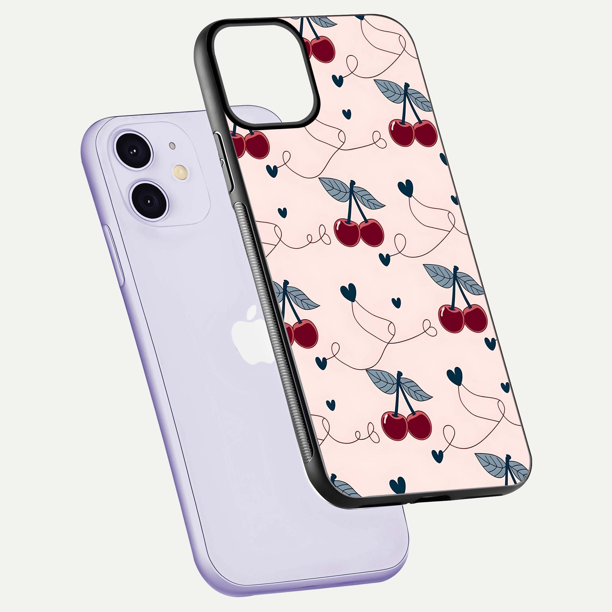 Cherry Heart Line Glass Case for iPhone 11 floating mockup showing gloss polish and bright tones
