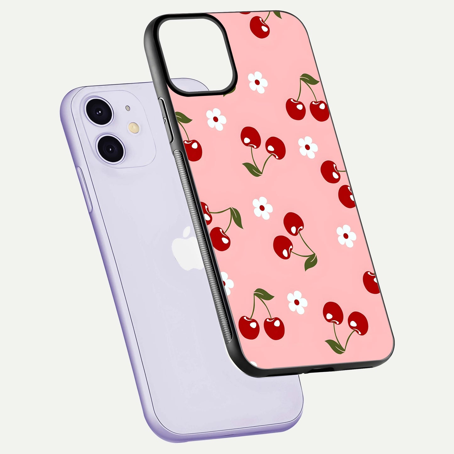 Cherry Love Mood Glass Case for iPhone 11 floating mockup showing HD gloss reflection and red tones