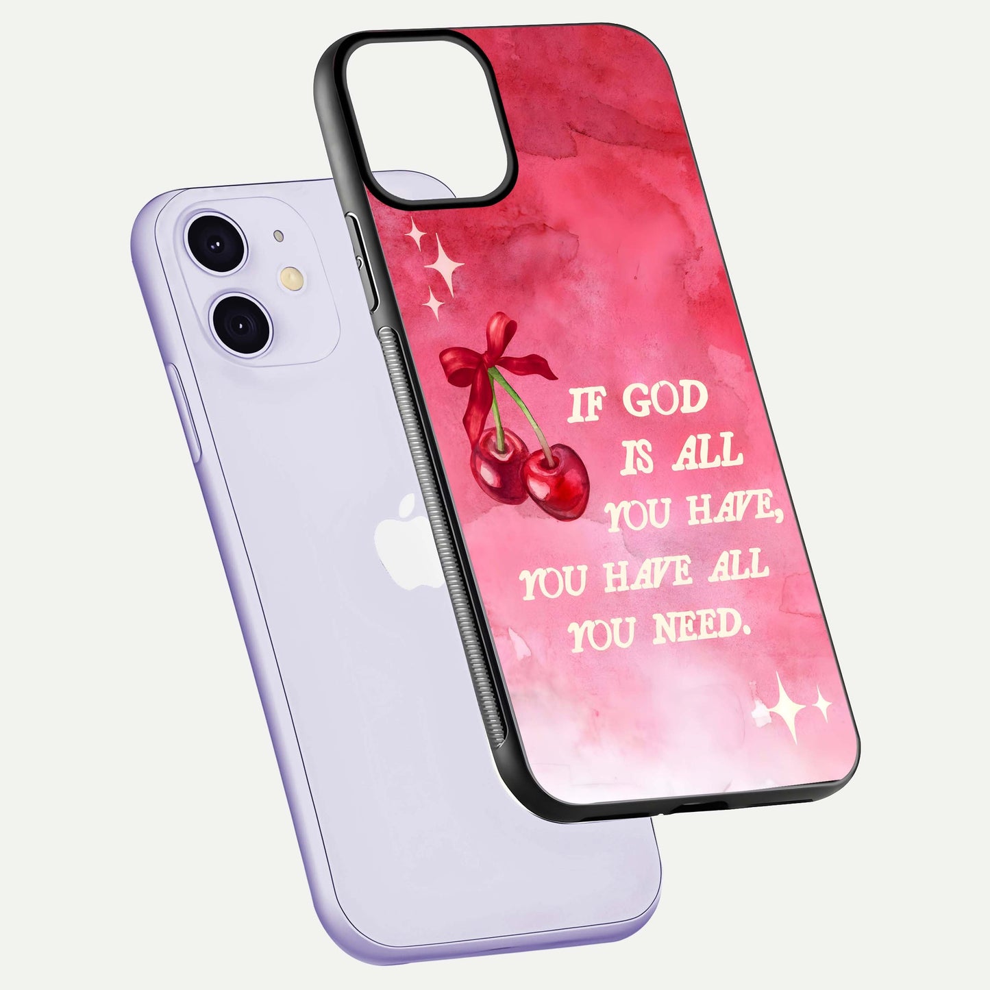 Cherry Quote Glass Case for iPhone 11 floating mockup capturing shine texture and clear typography