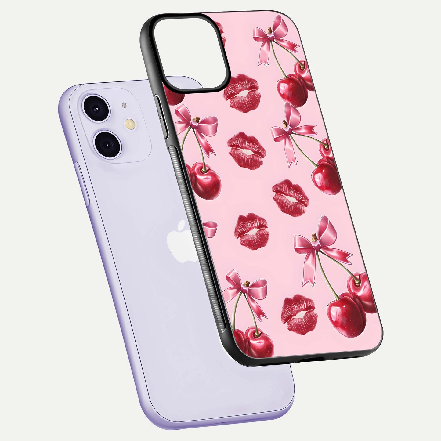 Cherry With Lips Glass Case for iPhone 11 floating mockup showing HD gloss and pop-art inspired tones