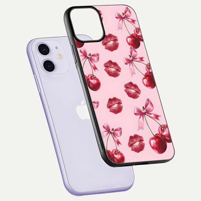 Cherry With Lips Glass Case for iPhone 11 floating mockup showing HD gloss and pop-art inspired tones