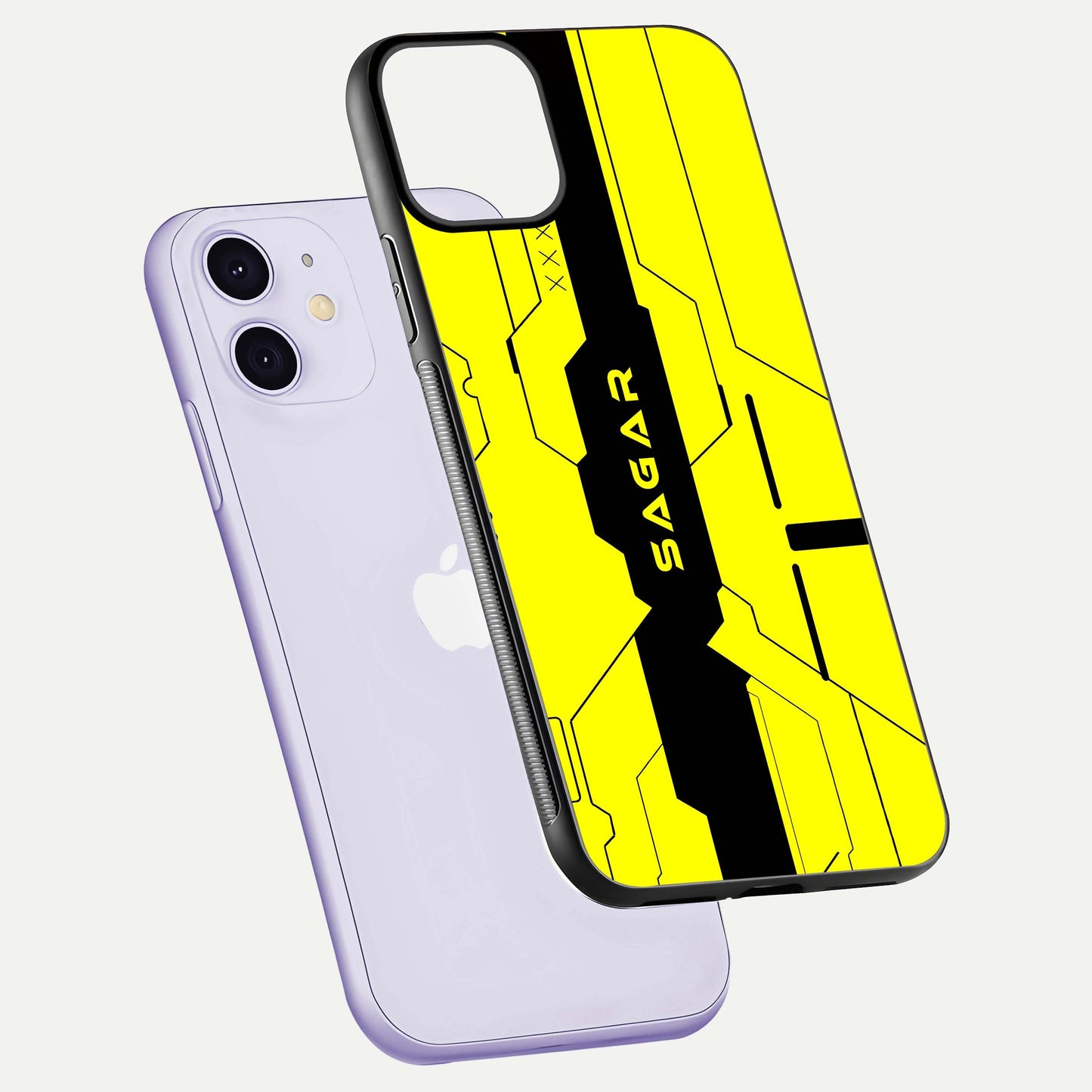 Circuit CYBERPUNK Custom Name Glass Case for iPhone 11 floating mockup capturing glow effects and polished shine