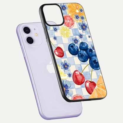 Citrus Bloom Joy Glass Case for iPhone 11 floating mockup showing HD gloss and lively tone